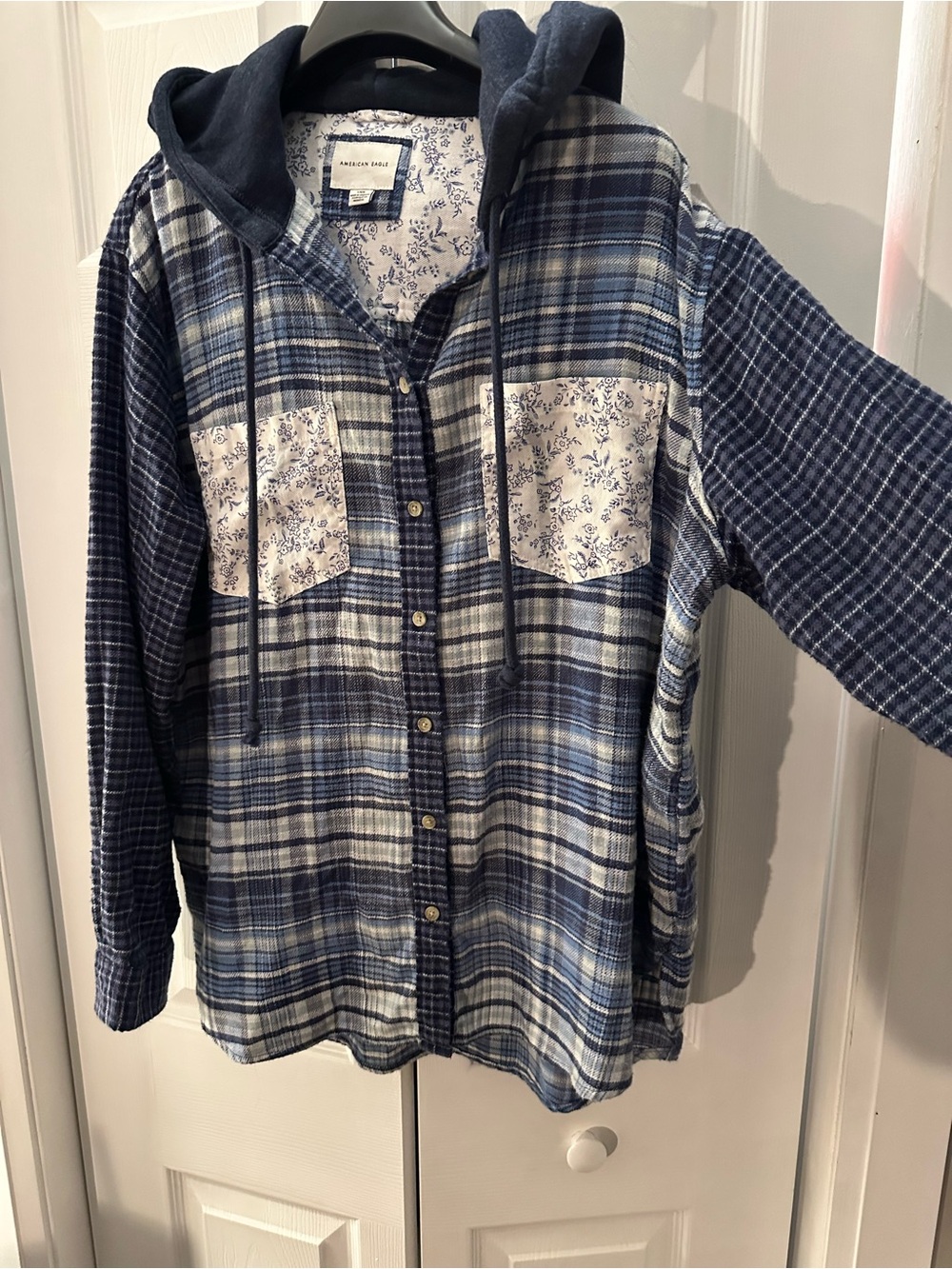 Blue Plaid Patchwork Hooded Button-Up Shirt